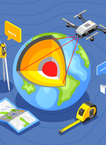 Geodesy isometric background with profile view of earth globe with map measure tape and worker characters vector illustration